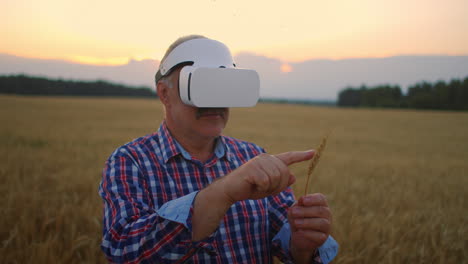 Älterer-Erwachsener-Bauer-In-Einem-Virtual-Reality-Helm-Auf-Einem-Getreidefeld.-Im-Abendlicht-Benutzt-Ein-älterer-Mann-In-Einem-Traktor-Eine-Virtual-Reality-Brille.-VR-Technologien-Und-Moderne-Agrarwirtschaft